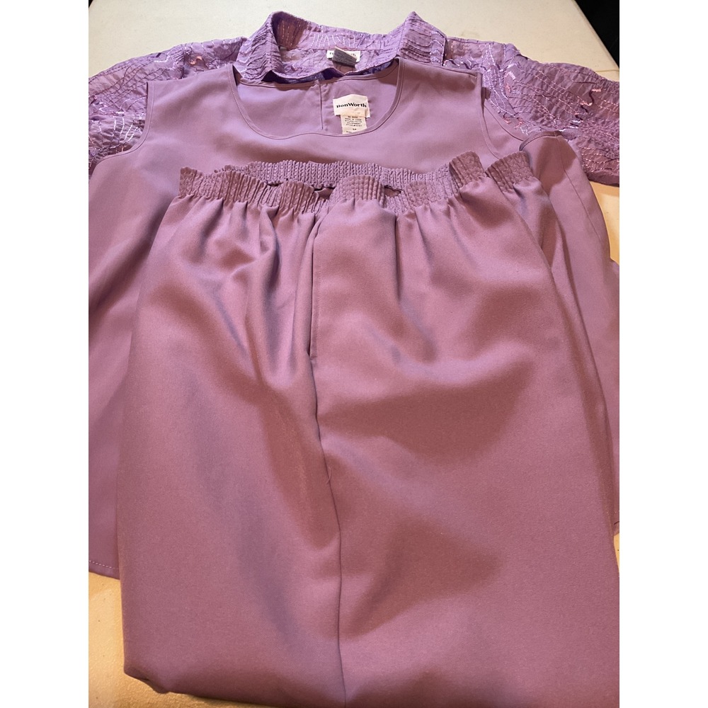 3 Piece Bon Worth Lavender Purple Embroidered Shirt & Elastic Waist Pants SP